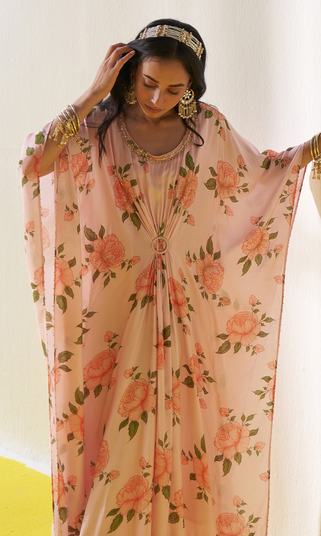 KIARA PINK FLORAL PRINTED KAFTAN SET- SET OF 2