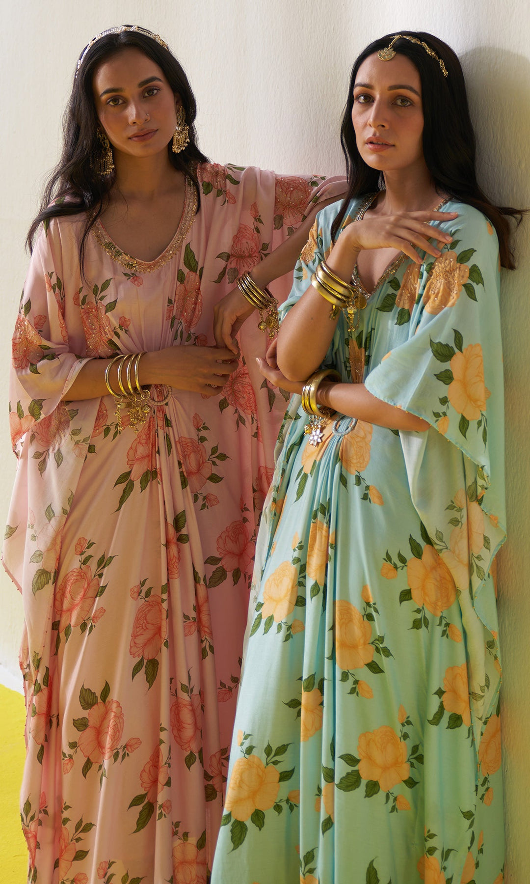 KIARA PINK FLORAL PRINTED KAFTAN SET- SET OF 2