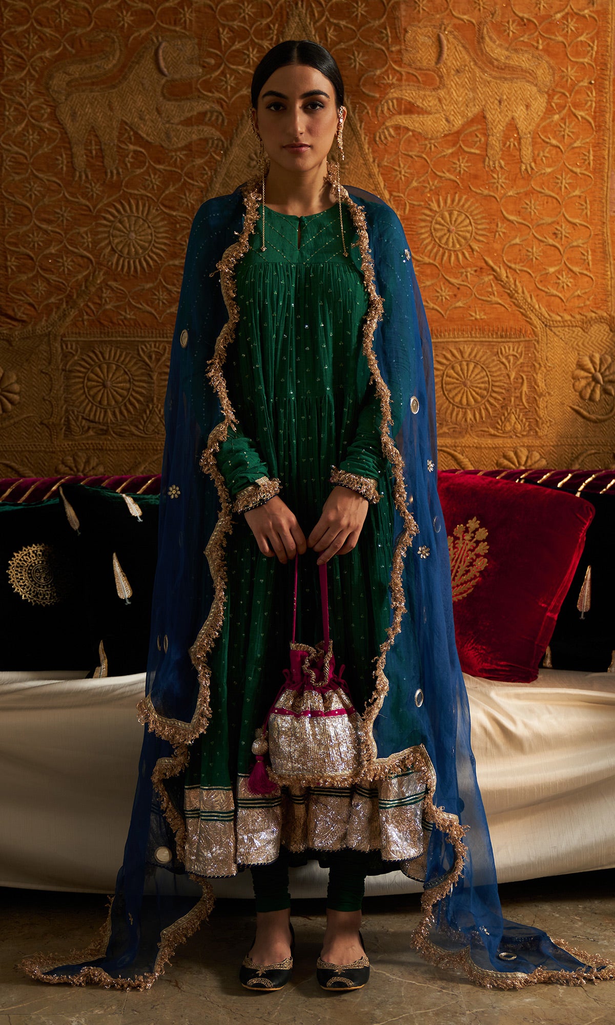 emerald green silk festive tiered anarkali dress Women's Emerald Green Silk Festive Tiered Anarkali Dress S