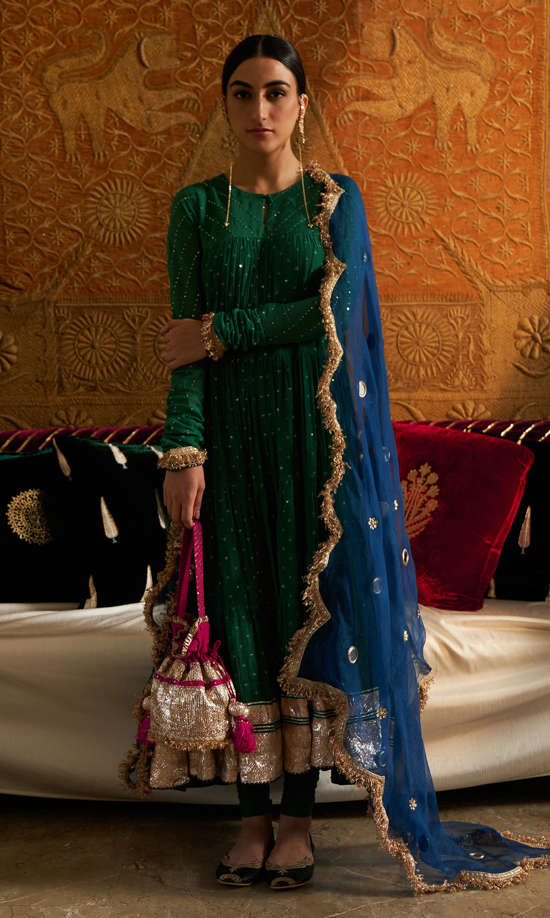 Phillauri Anarkali With Chooridar & Dupatta (Set Of 3) - Chanderi Silk - Green - Female - Ridhiiee Suuri Phillauri Anarkali With Chooridar & Dupatta (Set Of 3) - Chanderi Silk - Green - Female - Ridhiiee Suuri