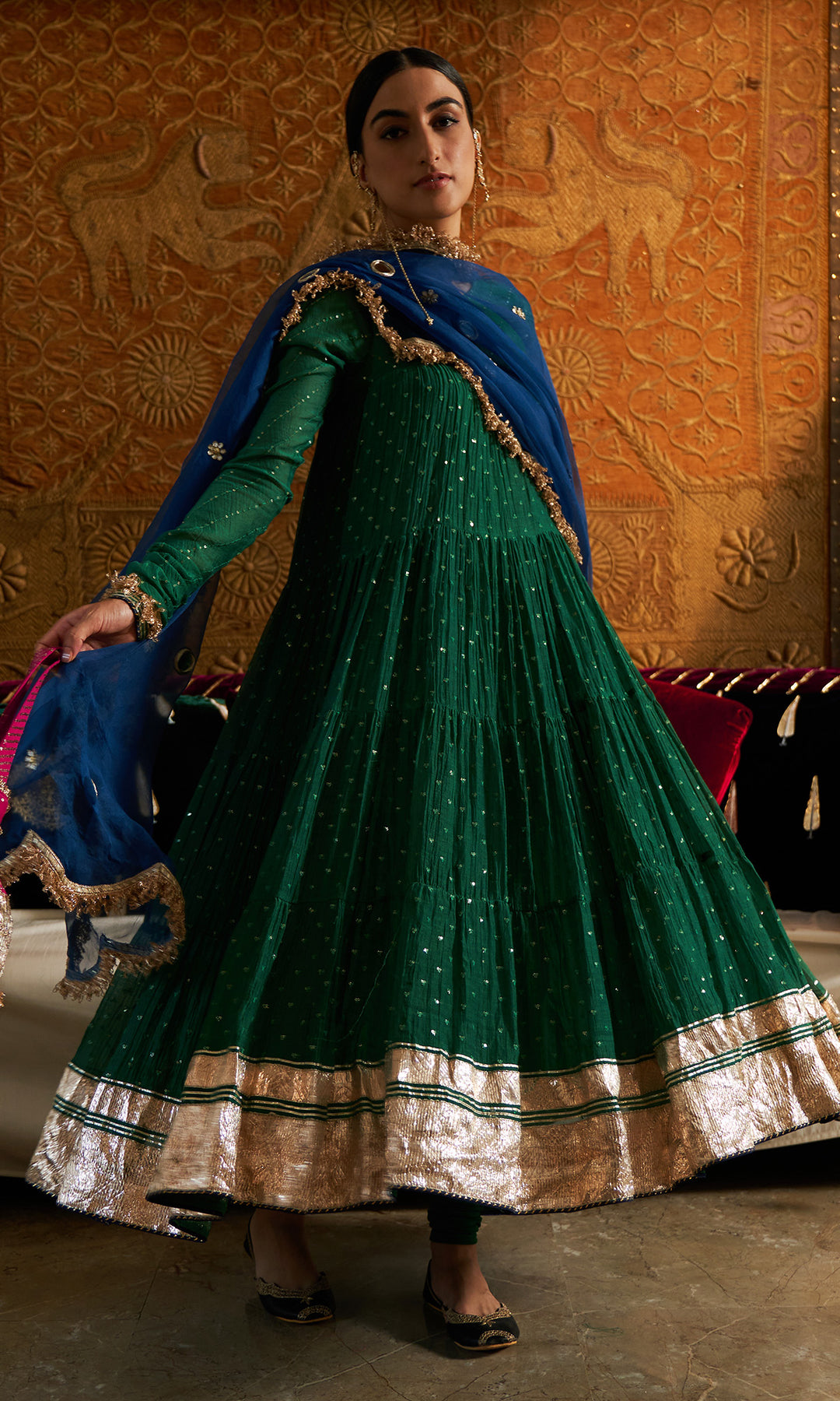 Phillauri Anarkali With Chooridar & Dupatta (Set Of 3) - Chanderi Silk - Green - Female - Ridhiiee Suuri Phillauri Anarkali With Chooridar & Dupatta (Set Of 3) - Chanderi Silk - Green - Female - Ridhiiee Suuri