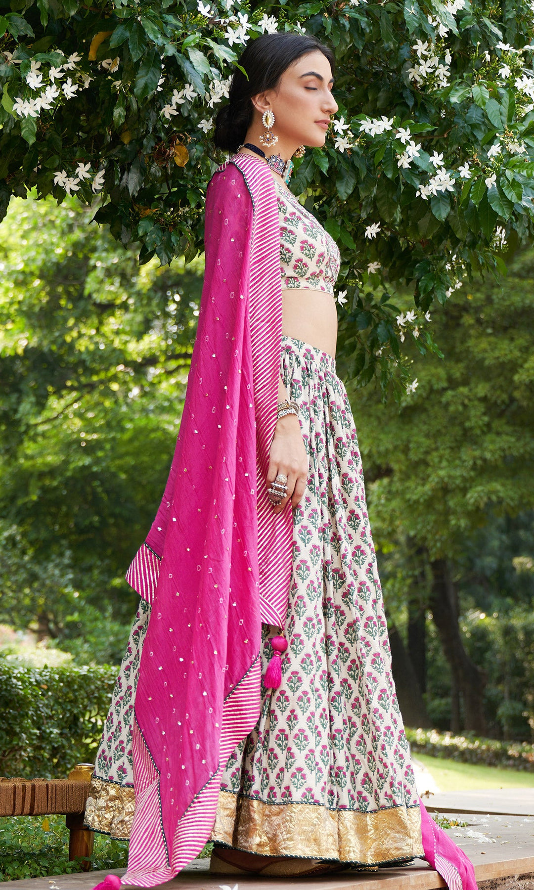 Kainaat - Pink Block Printed V-Neck Blouse With Lehenga And Dupatta - Set Of 3