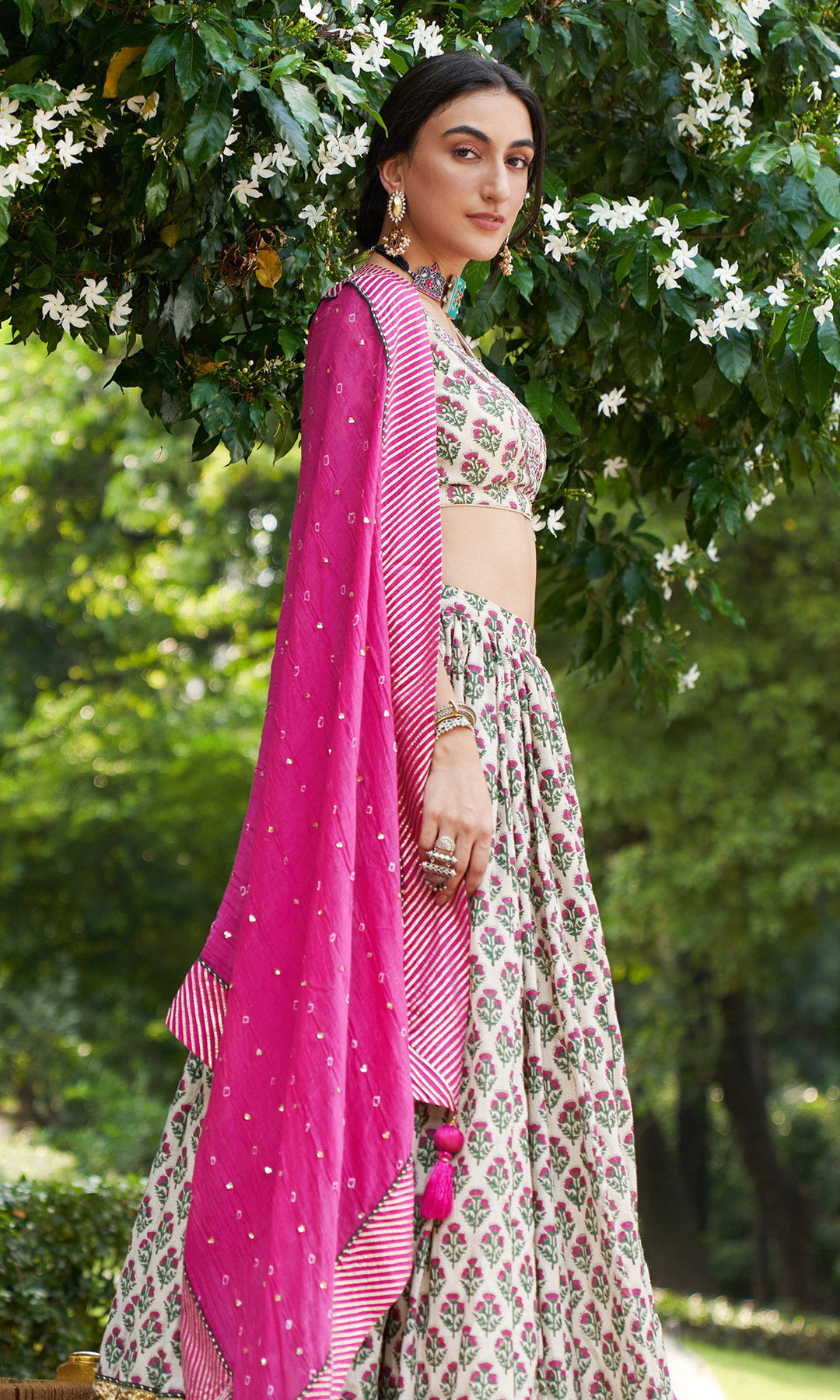 Kainaat - Pink Block Printed V-Neck Blouse With Lehenga And Dupatta - Set Of 3
