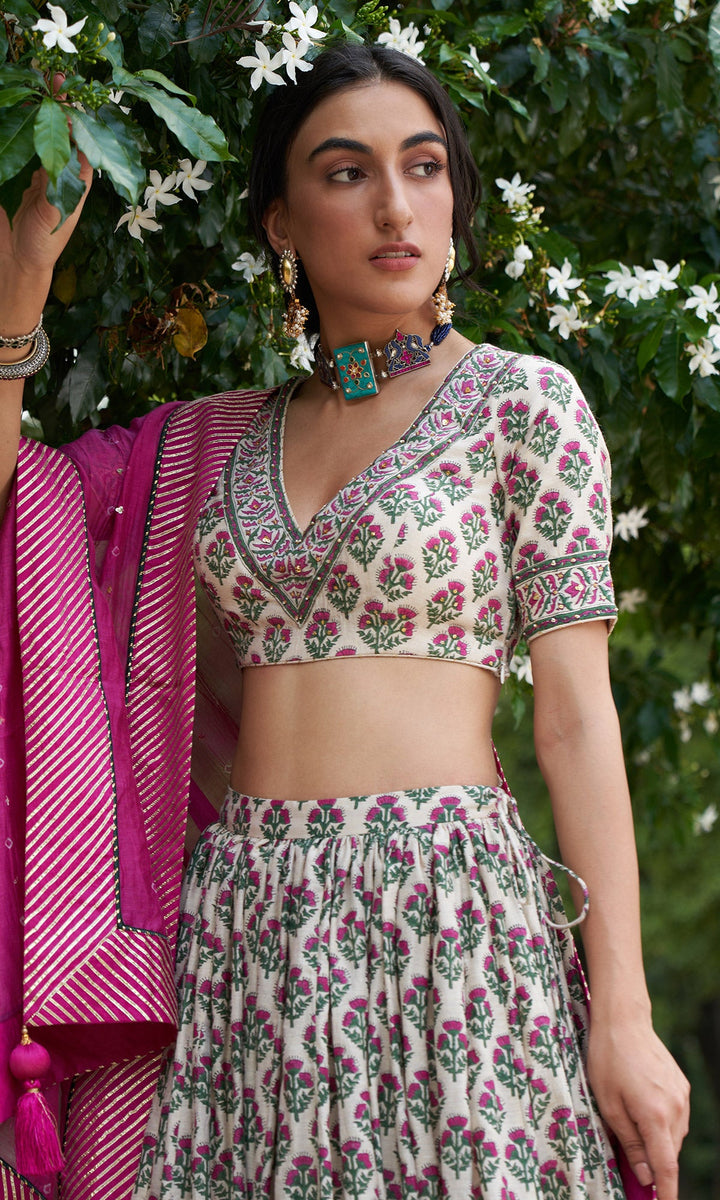 Kainaat - Pink Block Printed V-Neck Blouse With Lehenga And Dupatta - Set Of 3