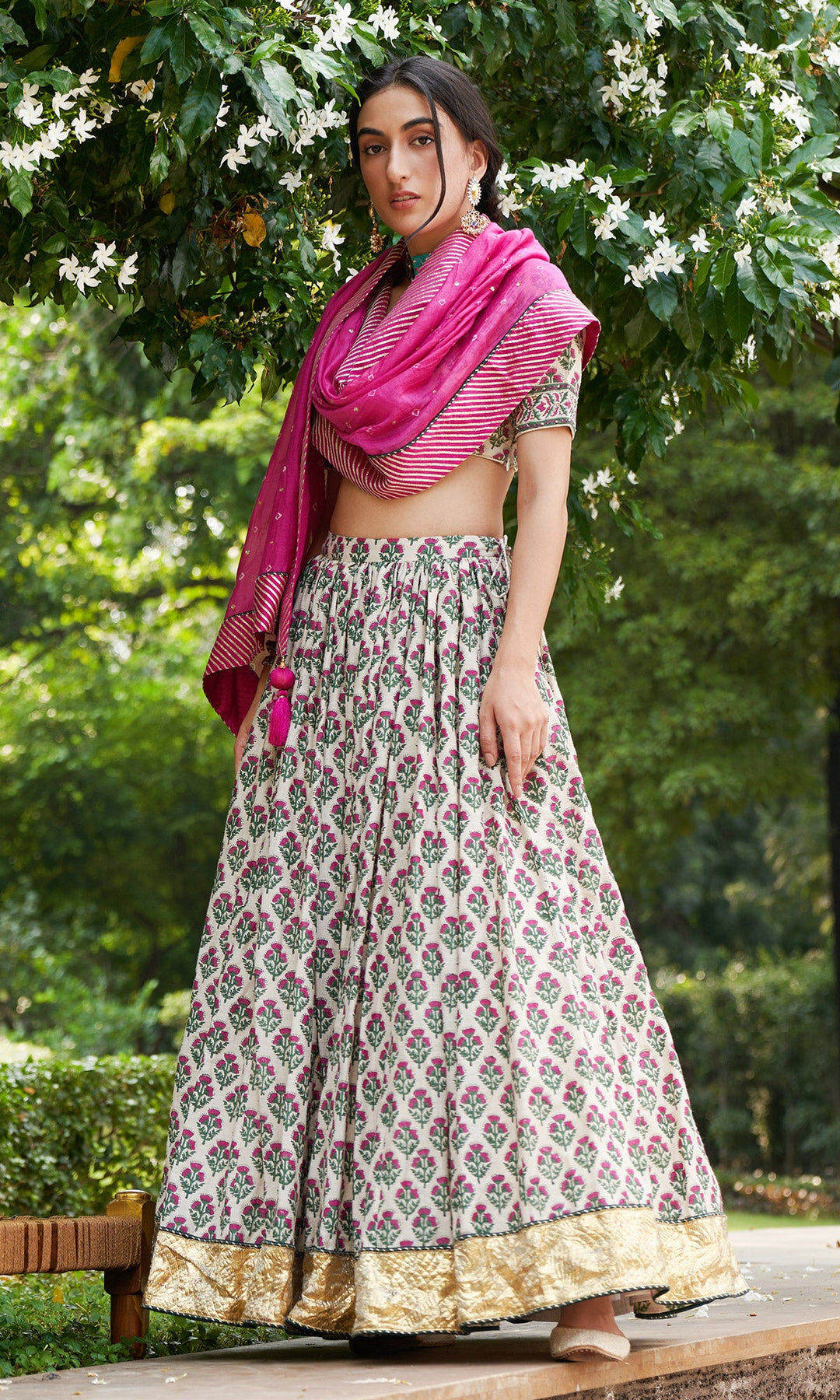 Kainaat - Pink Block Printed V-Neck Blouse With Lehenga And Dupatta - Set Of 3