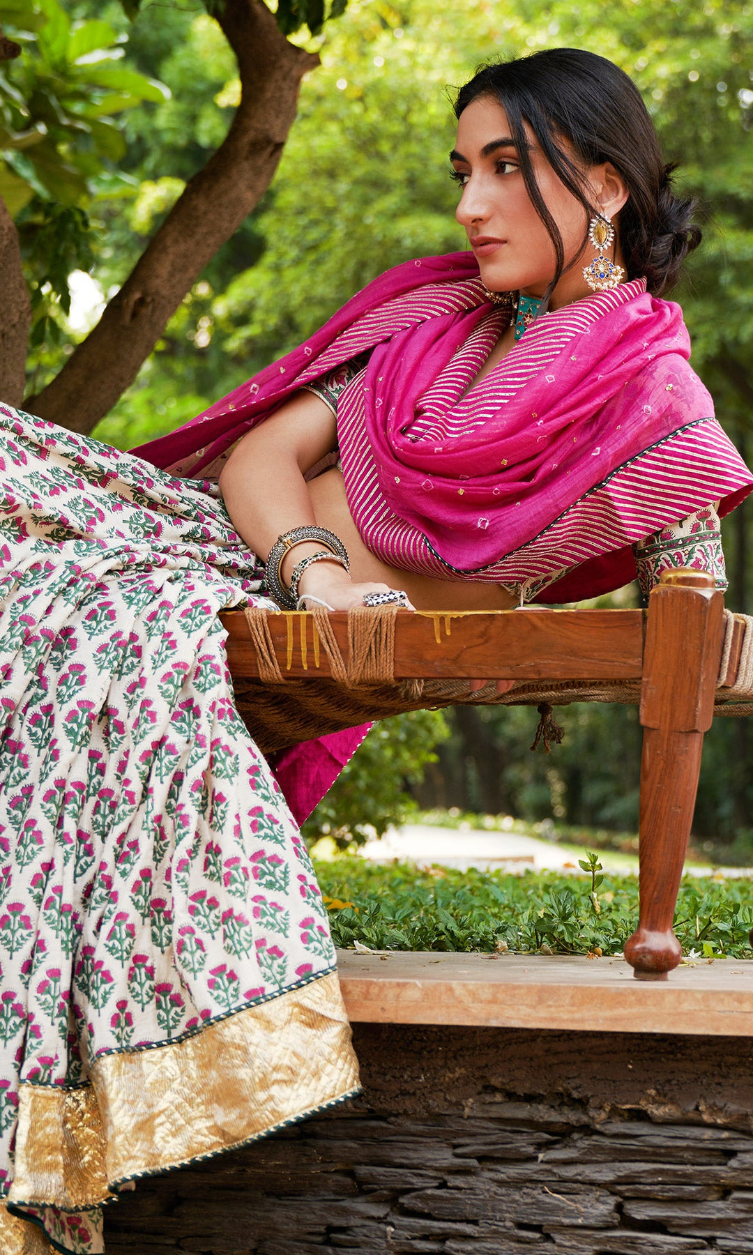 Kainaat - Pink Block Printed V-Neck Blouse With Lehenga And Dupatta - Set Of 3