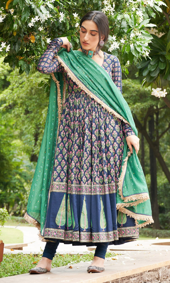 Kainaat - Midnight Blue block Printed Anarkali With Chooridar And Dupatta - Set Of 3