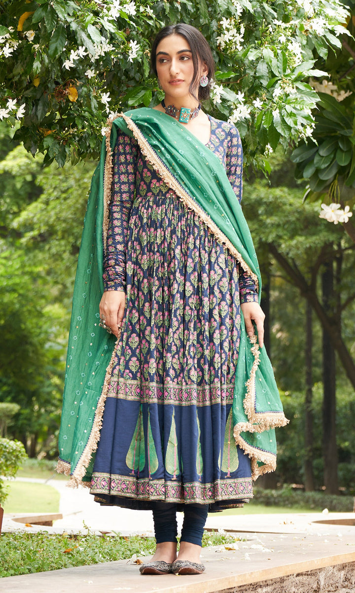 Kainaat - Midnight Blue block Printed Anarkali With Chooridar And Dupatta - Set Of 3