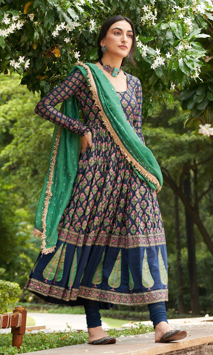 Kainaat - Midnight Blue block Printed Anarkali With Chooridar And Dupatta - Set Of 3