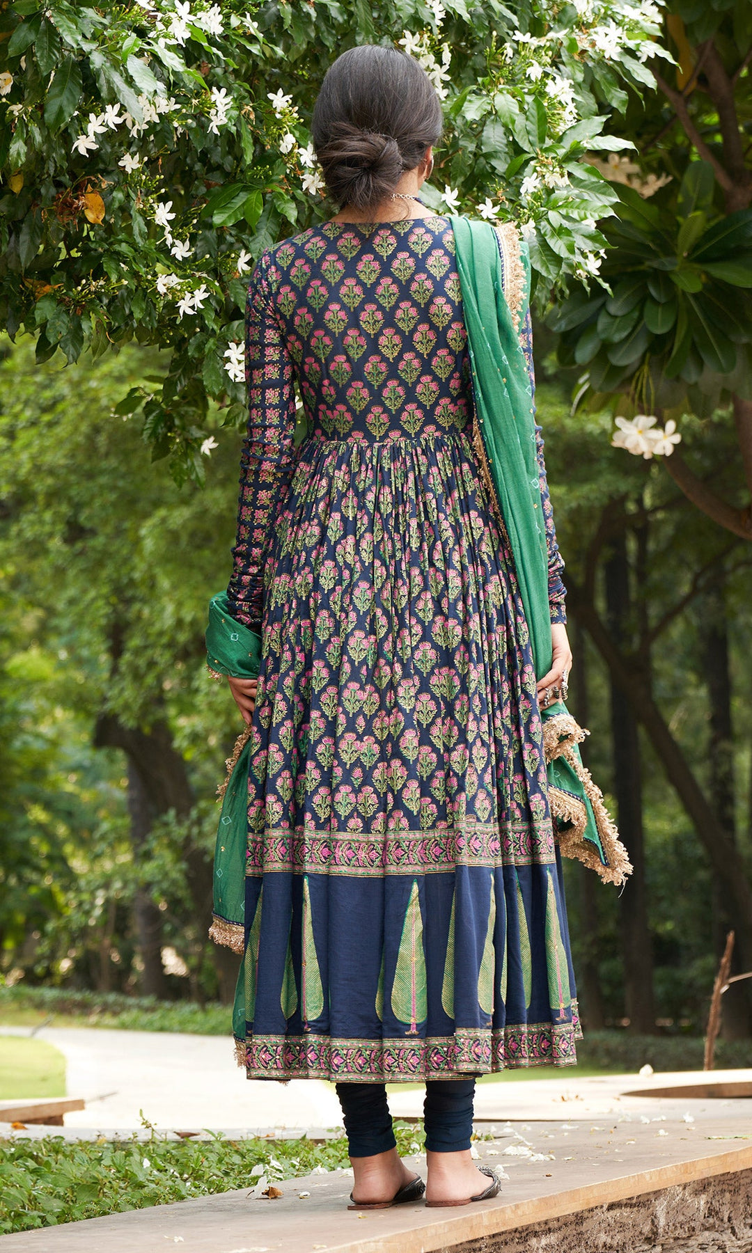 Kainaat - Midnight Blue block Printed Anarkali With Chooridar And Dupatta - Set Of 3