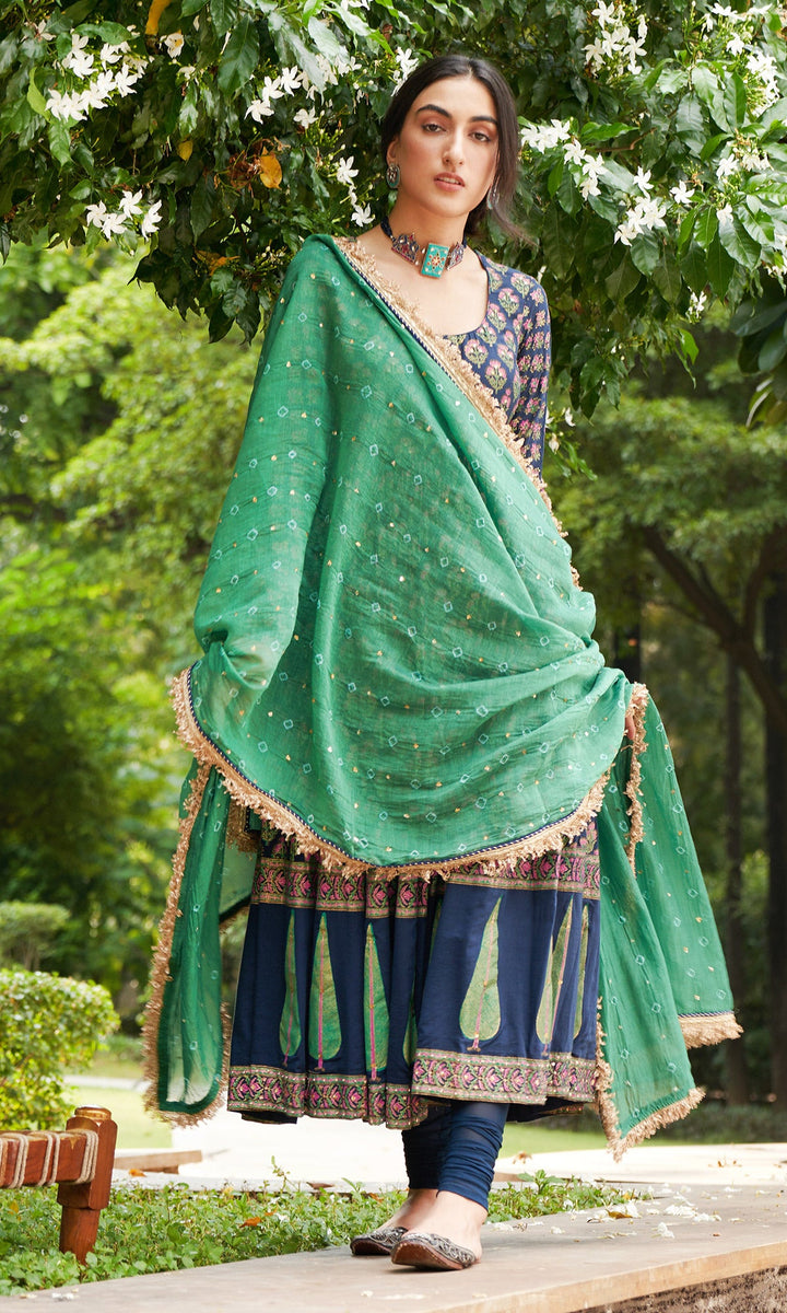 Kainaat - Midnight Blue block Printed Anarkali With Chooridar And Dupatta - Set Of 3
