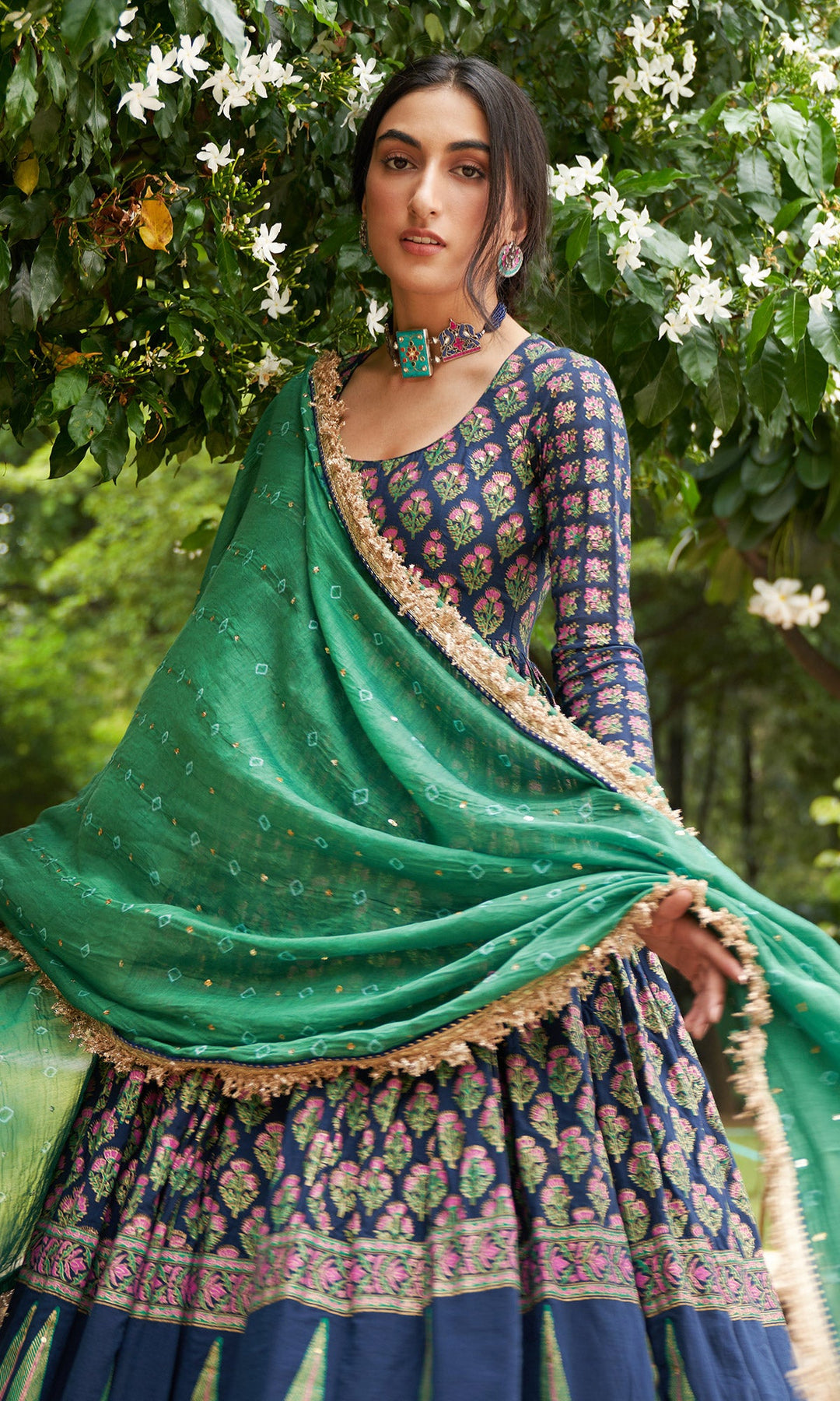 Kainaat - Midnight Blue block Printed Anarkali With Chooridar And Dupatta - Set Of 3