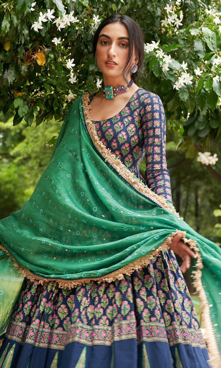 Kainaat - Midnight Blue block Printed Anarkali With Chooridar And Dupatta - Set Of 3