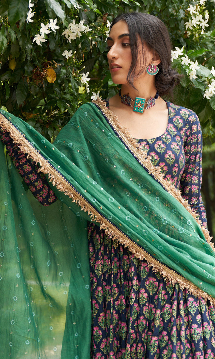 Kainaat - Midnight Blue block Printed Anarkali With Chooridar And Dupatta - Set Of 3