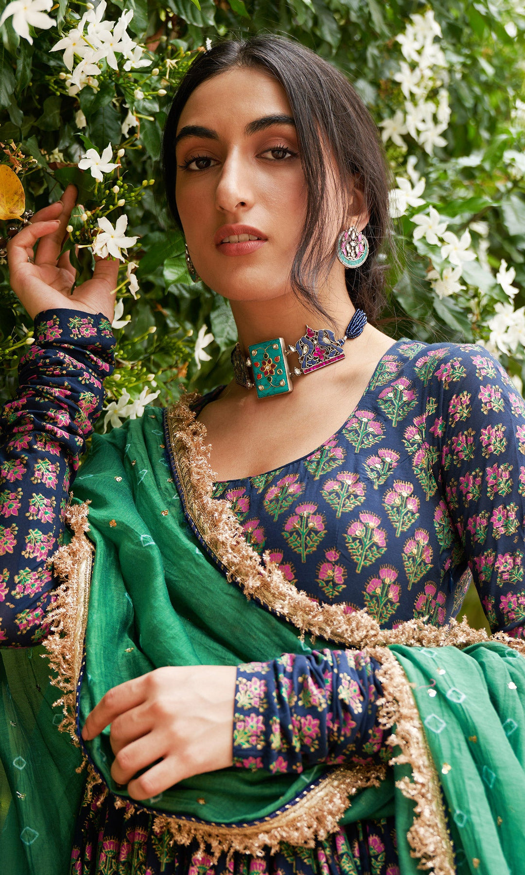 Kainaat - Midnight Blue block Printed Anarkali With Chooridar And Dupatta - Set Of 3