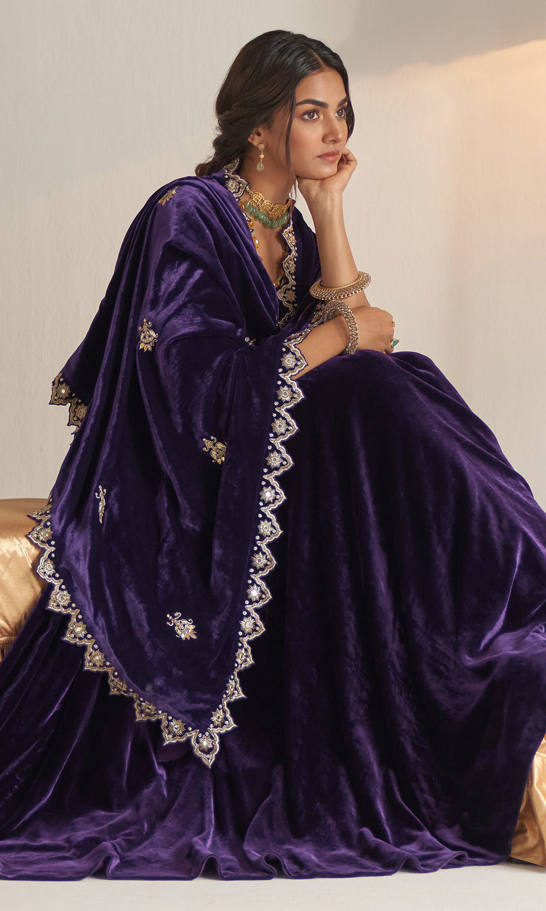 Khizaan Embroidered Purple Velvet Lehenga Set With Scalloped Shawl Set Of 3, XXL Khizaan Embroidered Purple Velvet Lehenga Set With Scalloped Shawl Set Of 3, XXL
