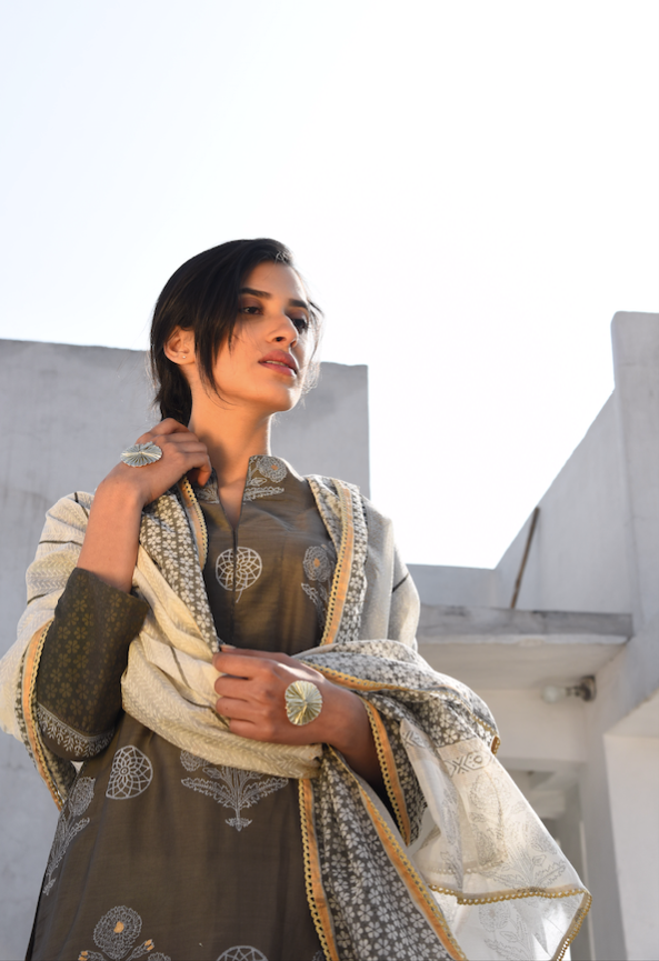 CHARCOAL COTTON SILK SUIT SET WITH CHANDERI DUPATTA - SET 0F 3