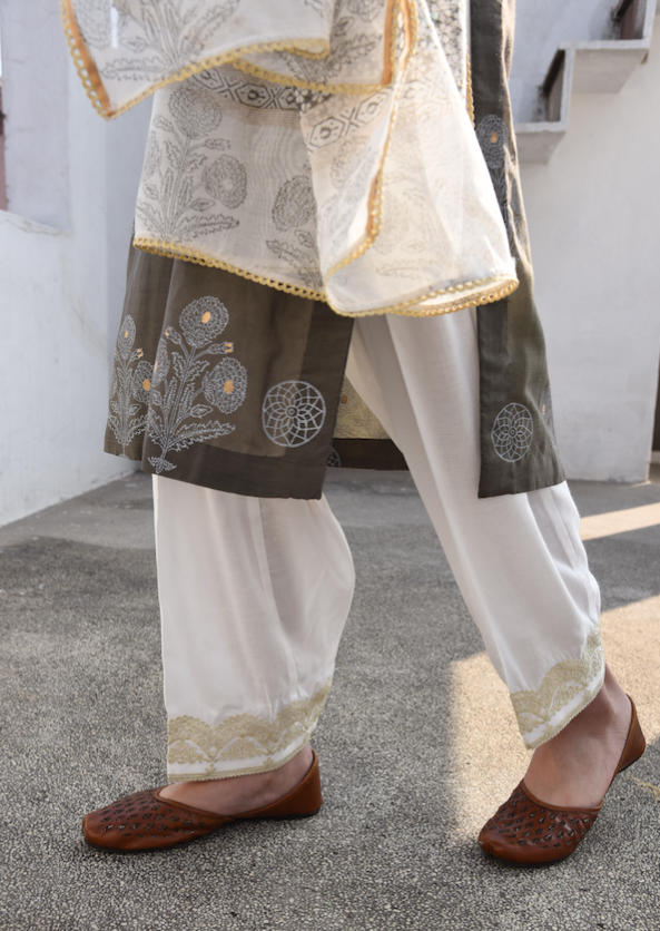 CHARCOAL COTTON SILK SUIT SET WITH CHANDERI DUPATTA - SET 0F 3