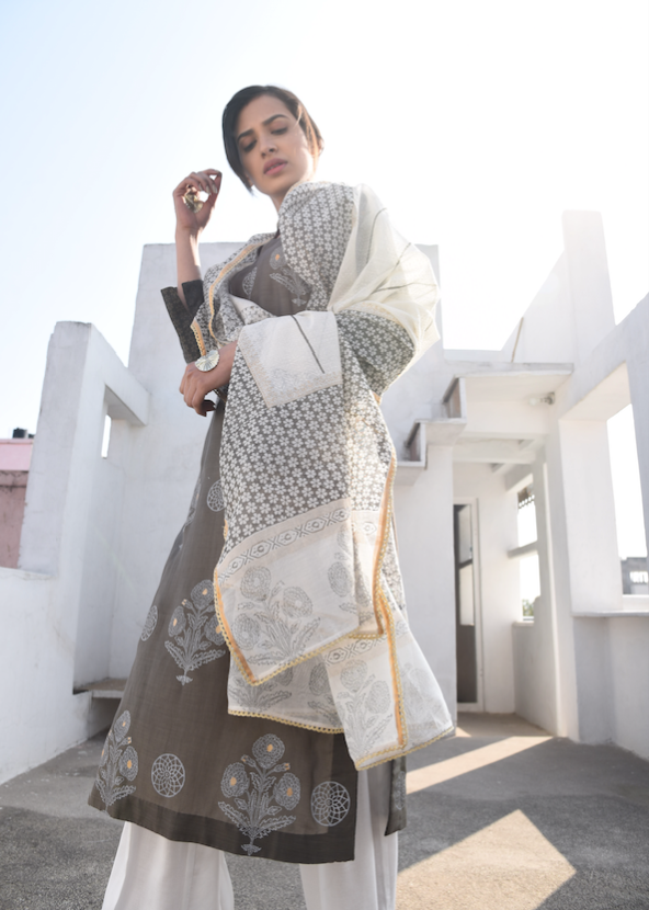 CHARCOAL COTTON SILK SUIT SET WITH CHANDERI DUPATTA - SET 0F 3