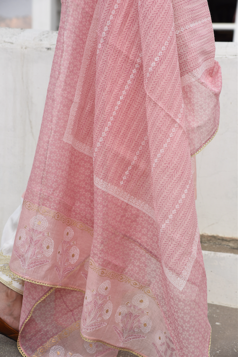 CARNATION ROSE COTTON SILK SUIT SET WITH CHANDERI DUPATTA - SET 0F 3