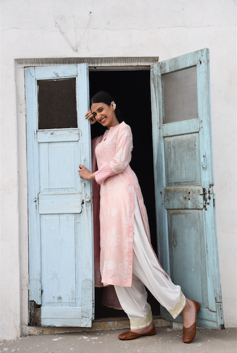 CARNATION ROSE COTTON SILK SUIT SET WITH CHANDERI DUPATTA - SET 0F 3