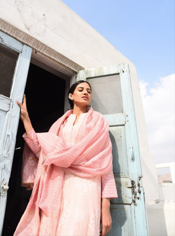 CARNATION ROSE COTTON SILK SUIT SET WITH CHANDERI DUPATTA - SET 0F 3