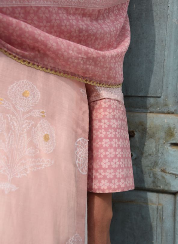 CARNATION ROSE COTTON SILK SUIT SET WITH CHANDERI DUPATTA - SET 0F 3