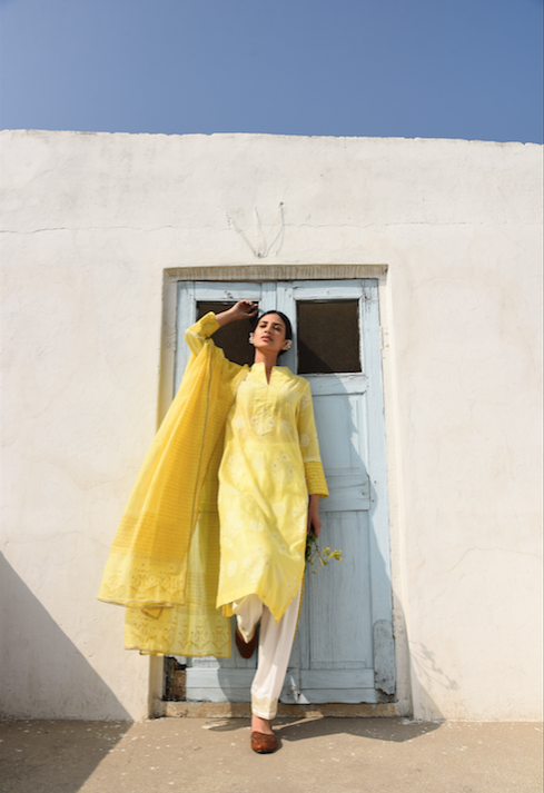 LIME YELLOW COTTON SILK SUIT SET WITH CHANDERI DUPATTA - SET 0F 3