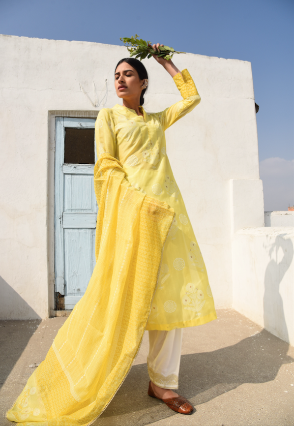 LIME YELLOW COTTON SILK SUIT SET WITH CHANDERI DUPATTA - SET 0F 3
