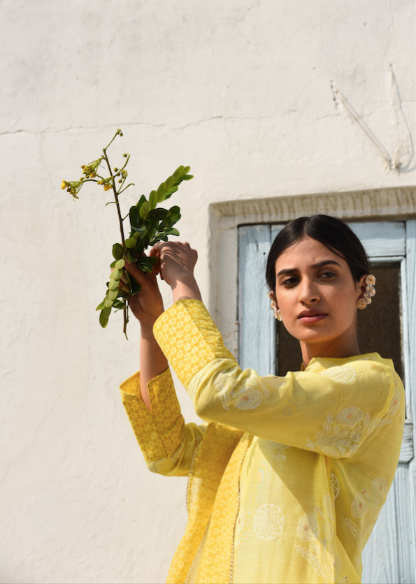 LIME YELLOW COTTON SILK SUIT SET WITH CHANDERI DUPATTA - SET 0F 3