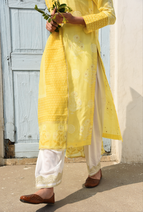 LIME YELLOW COTTON SILK SUIT SET WITH CHANDERI DUPATTA - SET 0F 3
