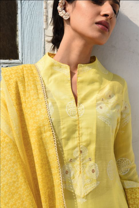 LIME YELLOW COTTON SILK SUIT SET WITH CHANDERI DUPATTA - SET 0F 3