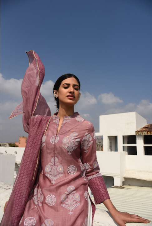 WINE COTTON SILK SUIT SET WITH CHANDERI DUPATTA - SET 0F 3