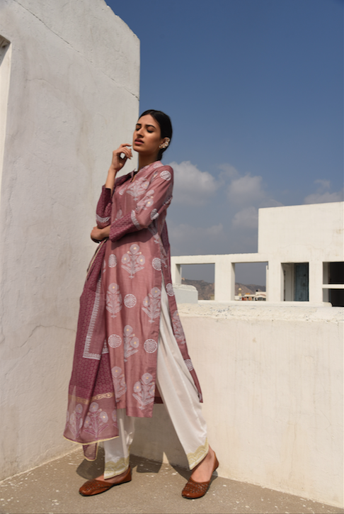 WINE COTTON SILK SUIT SET WITH CHANDERI DUPATTA - SET 0F 3