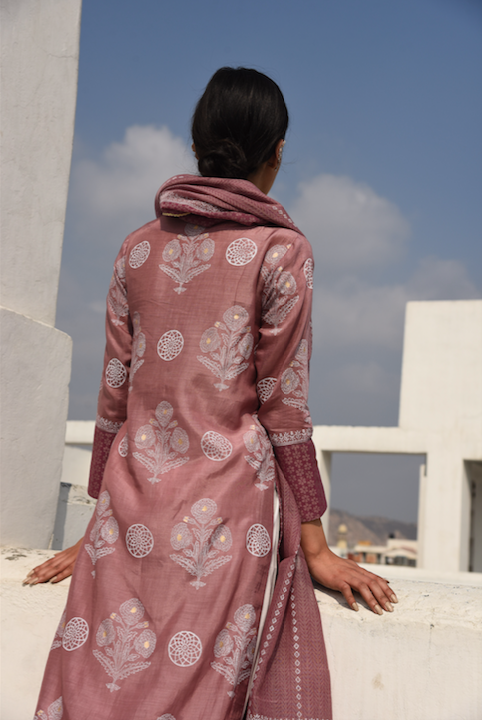 WINE COTTON SILK SUIT SET WITH CHANDERI DUPATTA - SET 0F 3