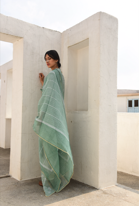 MINT GREEN COTTON SILK SUIT SET WITH CHANDERI DUPATTA - SET 0F 3