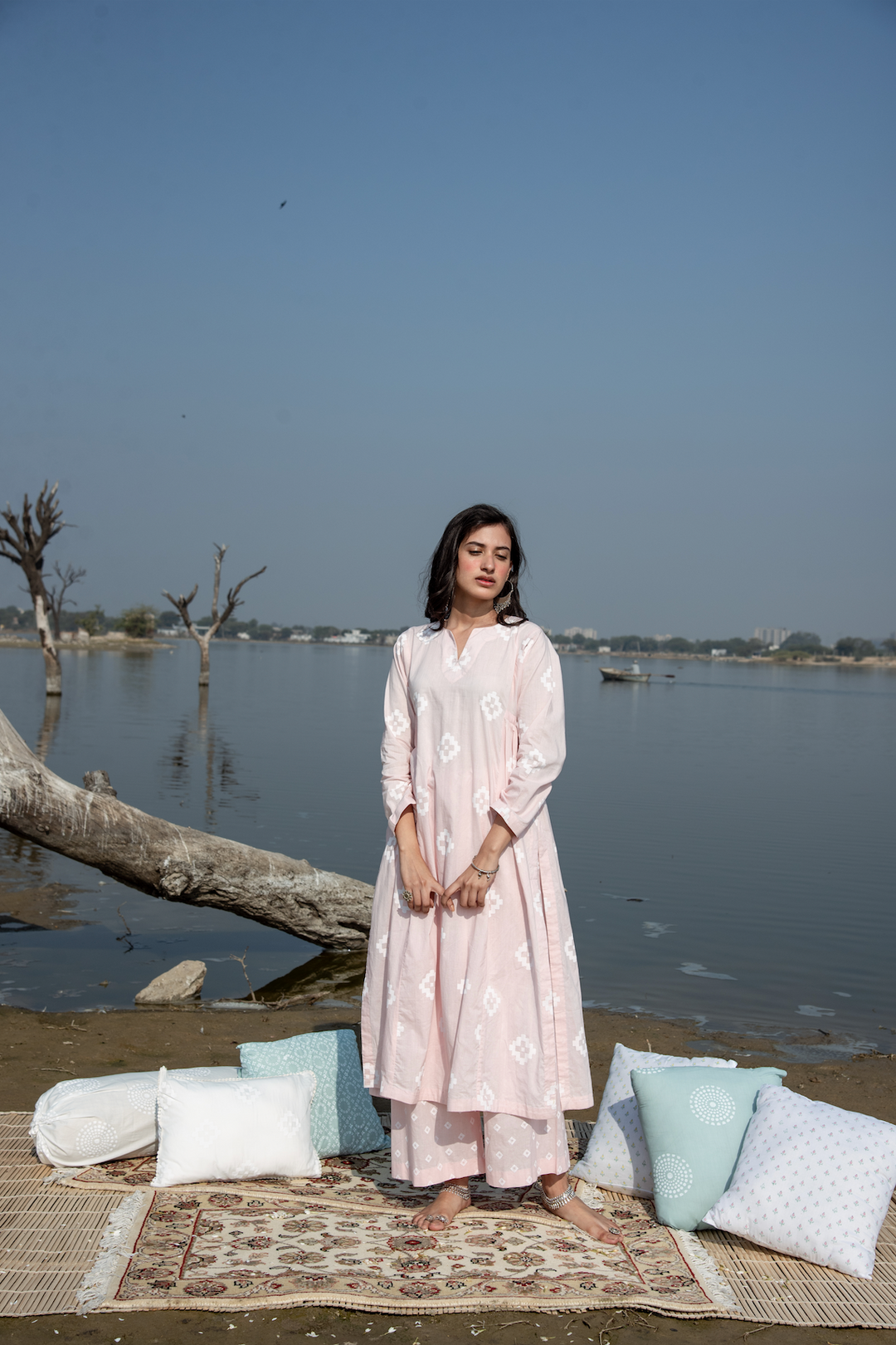 Ridhi Suri Ikat Block Print Side Gathered Straight Set of 2- Pale Pink