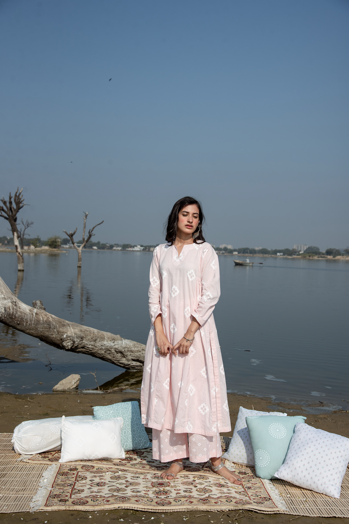 Ridhi Suri Ikat Block Print Side Gathered Straight Set of 2- Pale Pink