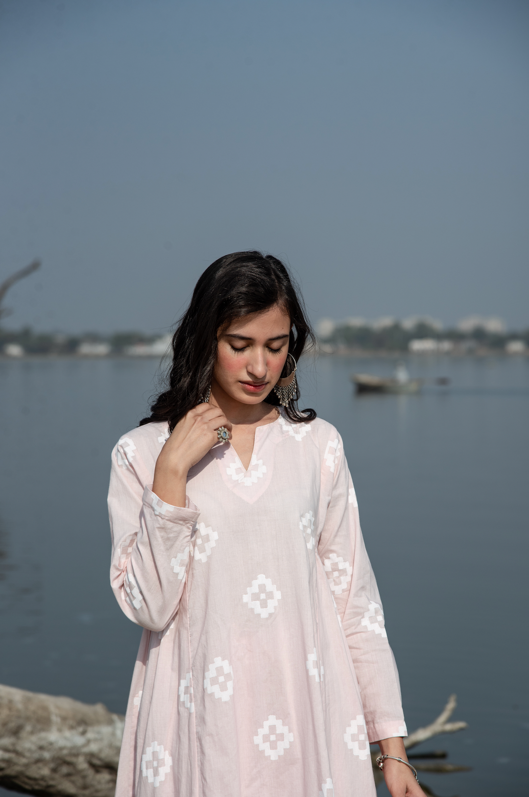 Ridhi Suri Ikat Block Print Side Gathered Straight Set of 2- Pale Pink