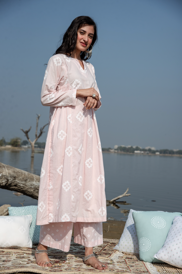 Ridhi Suri Ikat Block Print Side Gathered Straight Set of 2- Pale Pink