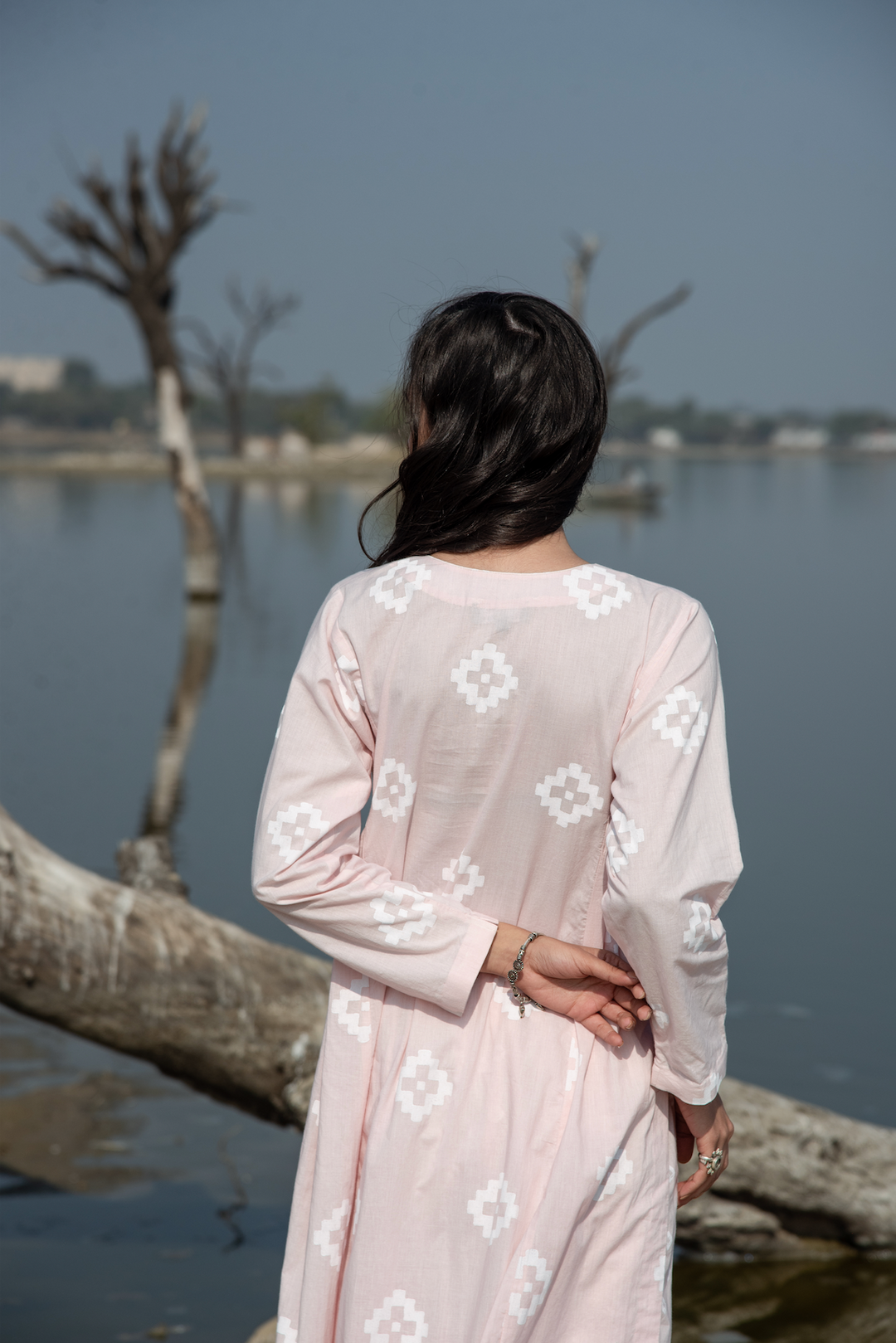 Ridhi Suri Ikat Block Print Side Gathered Straight Set of 2- Pale Pink