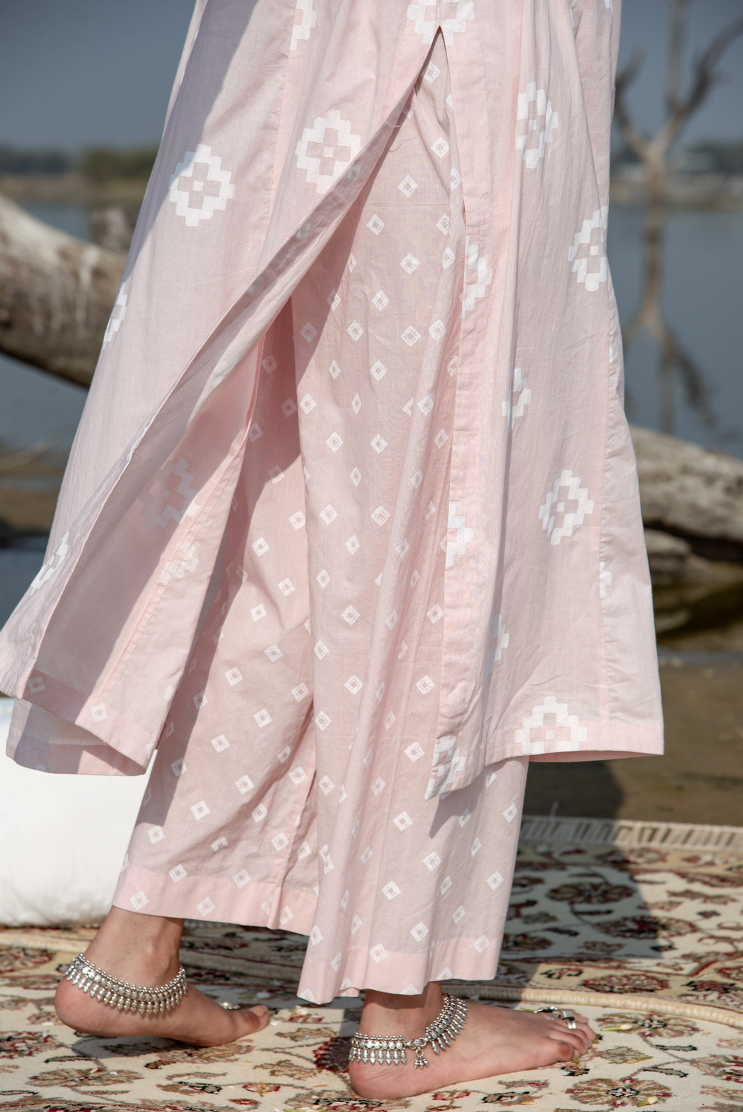 Ridhi Suri Ikat Block Print Side Gathered Straight Set of 2- Pale Pink