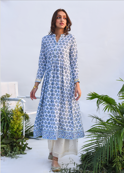 Ridhi Suri Jameela Jaal & Boota Block Printed Anarkali Kurta with Mirror Work Chanderi Flared palazzo and Chanderi Dupatta -  Set of 3 BLUE AND WHITE