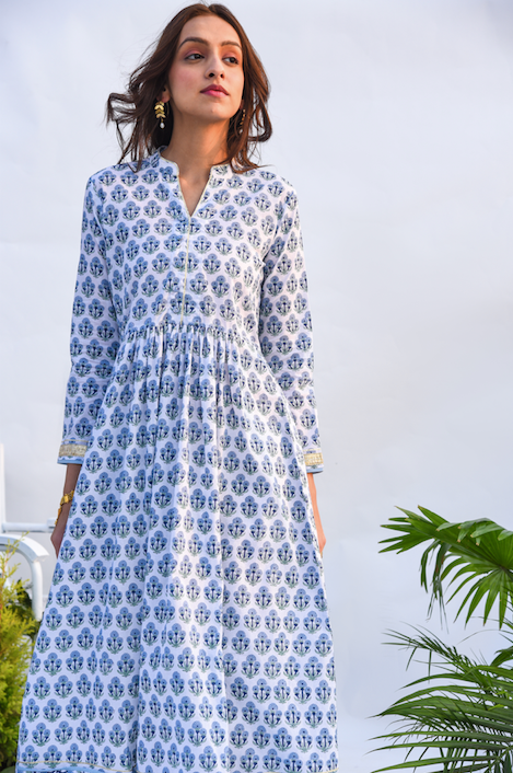 Ridhi Suri Jameela Jaal & Boota Block Printed Anarkali Kurta with Mirror Work Chanderi Flared palazzo and Chanderi Dupatta -  Set of 3 BLUE AND WHITE