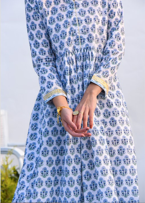 Ridhi Suri Jameela Jaal & Boota Block Printed Anarkali Kurta with Mirror Work Chanderi Flared palazzo and Chanderi Dupatta -  Set of 3 BLUE AND WHITE