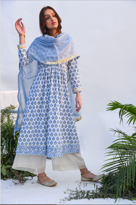 Ridhi Suri Jameela Jaal & Boota Block Printed Anarkali Kurta with Mirror Work Chanderi Flared palazzo and Chanderi Dupatta -  Set of 3 BLUE AND WHITE