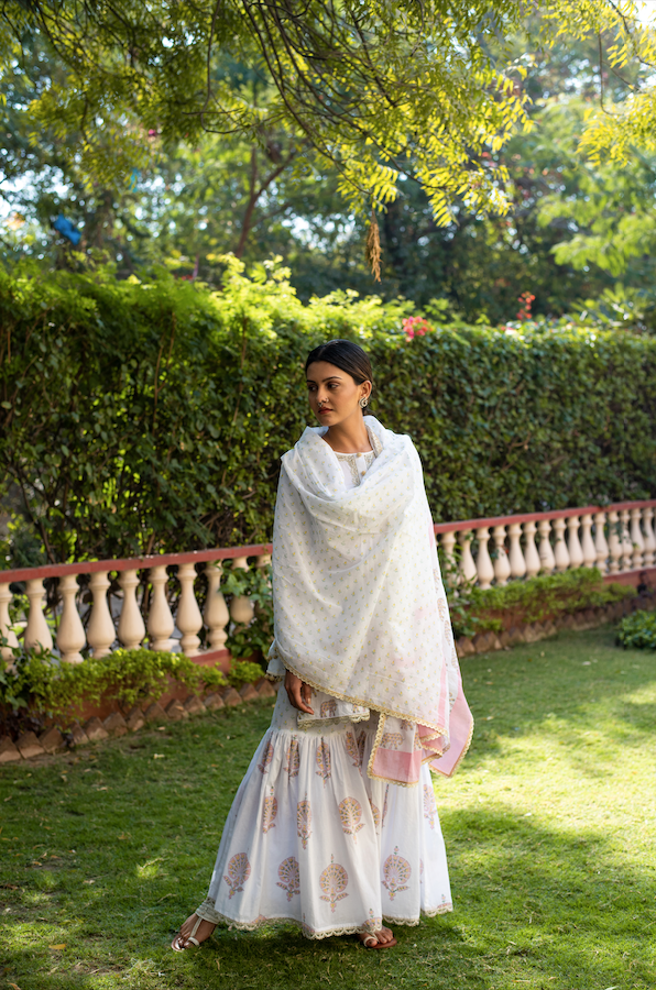 ELEPHANT & PEACOCK PRINT SHARARA SET OF 3 - PINK