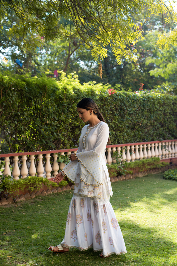 ELEPHANT & PEACOCK PRINT SHARARA SET OF 3 - PINK