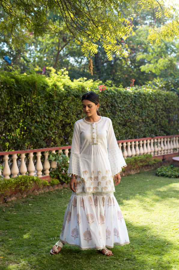 ELEPHANT & PEACOCK PRINT SHARARA SET OF 3 - PINK