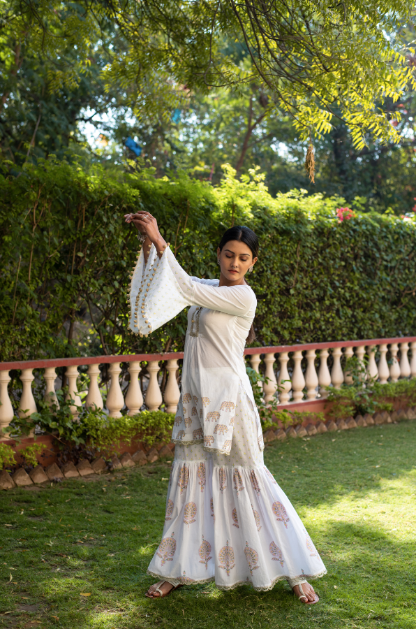 ELEPHANT & PEACOCK PRINT SHARARA SET OF 3 - PINK